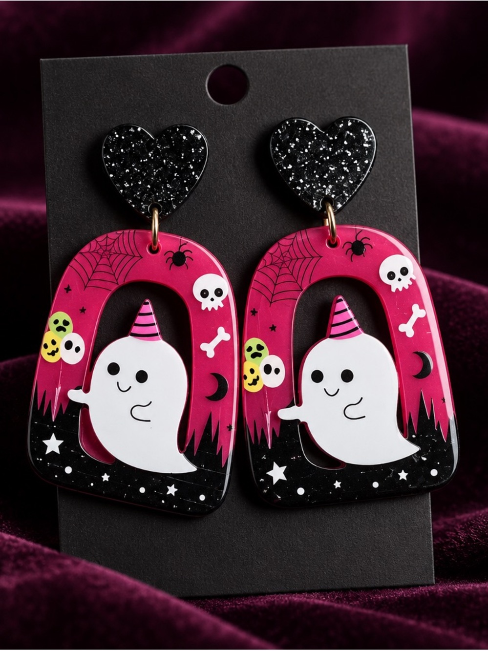 Fashion Jewelry Pink & Black Ghost Dangle Earrings